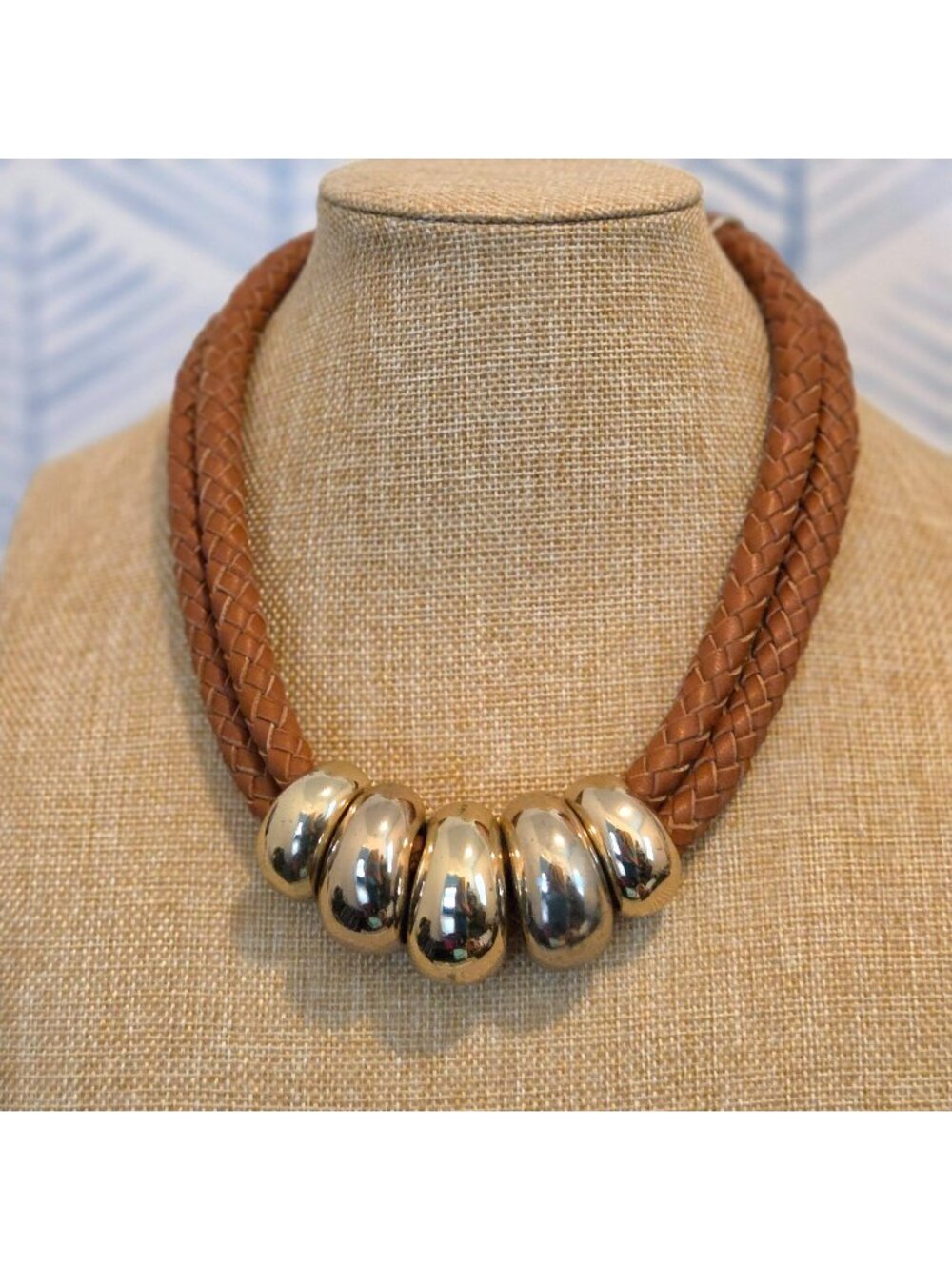 Banana Republic Brown Woven Leather & Gold Tone Beaded Necklace